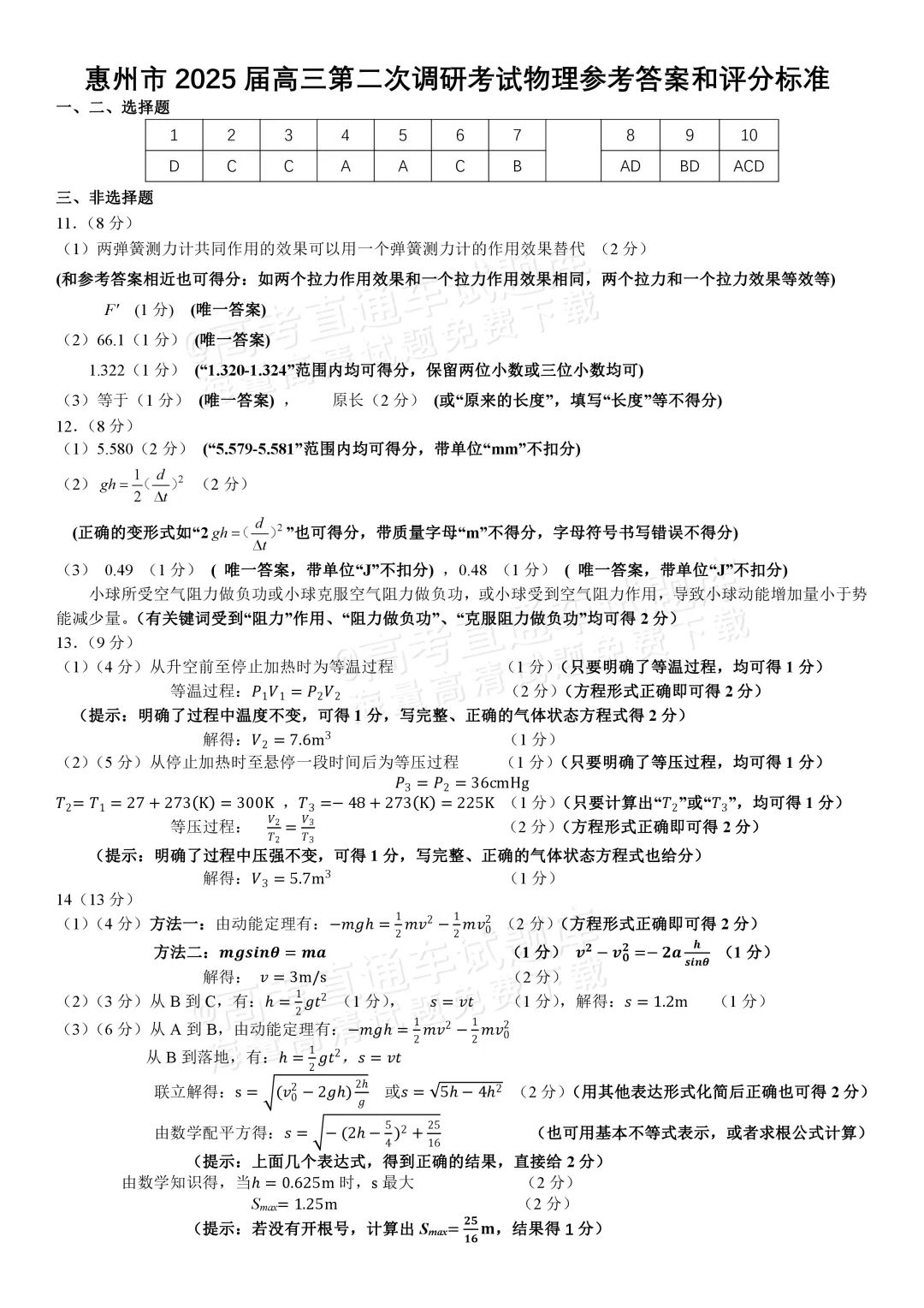 2025届高三惠州二调分数划线出炉！附各科试题及答案汇总
